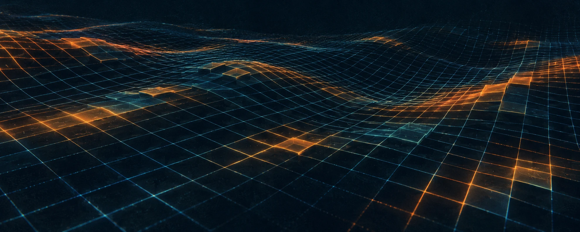 Retro-futurist cyan and amber grid flowing across a midnight-blue surface